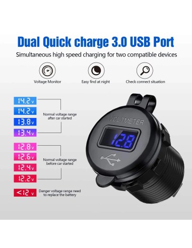 TOMA DOBLE USB+VOLTIMETRO ALUMINIO