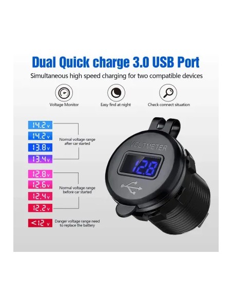 TOMA DOBLE USB+VOLTIMETRO ALUMINIO