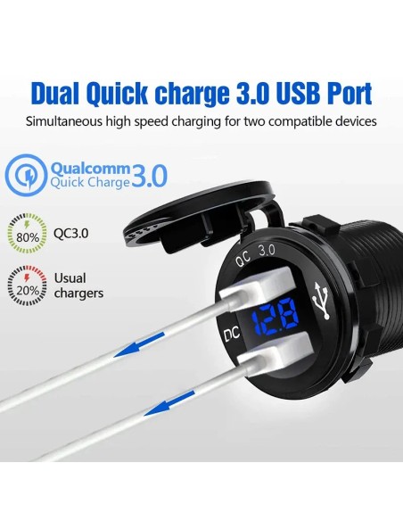 TOMA DOBLE USB+VOLTIMETRO ALUMINIO