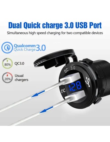 TOMA DOBLE USB+VOLTIMETRO ALUMINIO