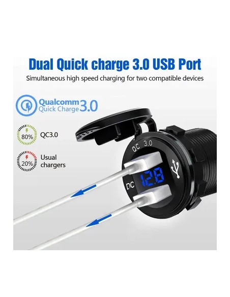 TOMA DOBLE USB+VOLTIMETRO ALUMINIO