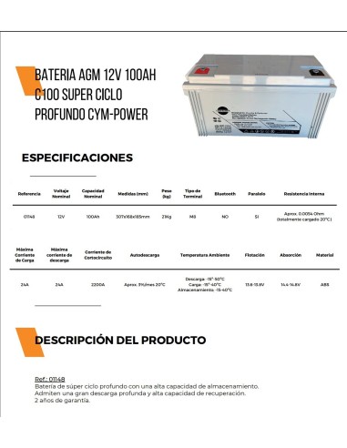 BATERIA SOLAR AGM 100A CYM POWER