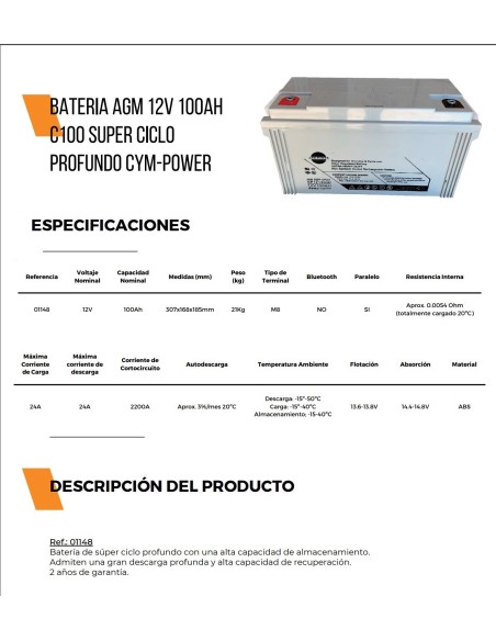 BATERIA SOLAR AGM 100A CYM POWER