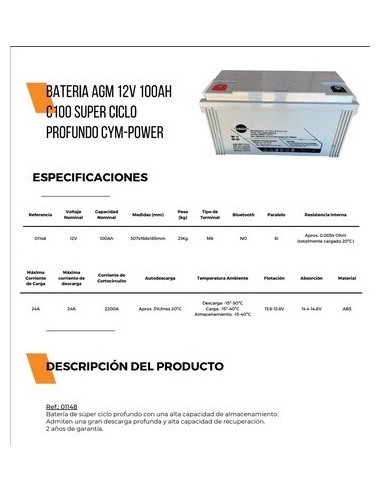 BATERIA SOLAR AGM 100A CYM POWER