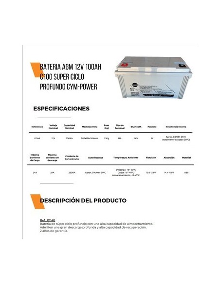 BATERIA SOLAR AGM 100A CYM POWER