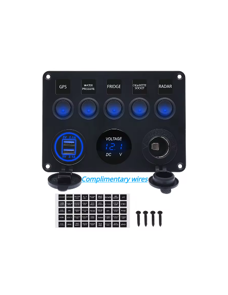PANEL 5 INTERRUPTORES +USB TOMA 12 Y VOLTIMETRO