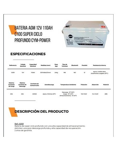 BATERIA SOLAR AGM 110A CYM POWER
