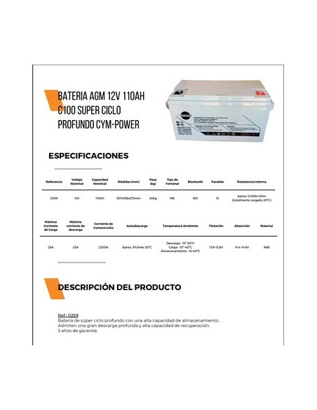 BATERIA SOLAR AGM 110A CYM POWER