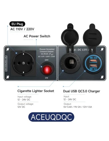 PANEL MULTIFUNCIÓN A 220V CON MECHERO Y DOBLE USB 3.0