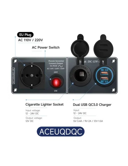 PANEL MULTIFUNCIÓN A 220V CON MECHERO Y DOBLE USB 3.0