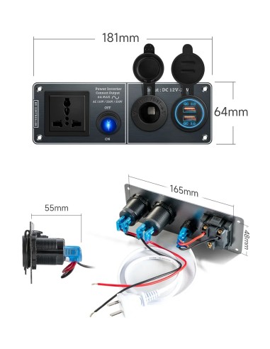 PANEL MULTIFUNCIÓN A 220V CON MECHERO Y DOBLE USB 3.0