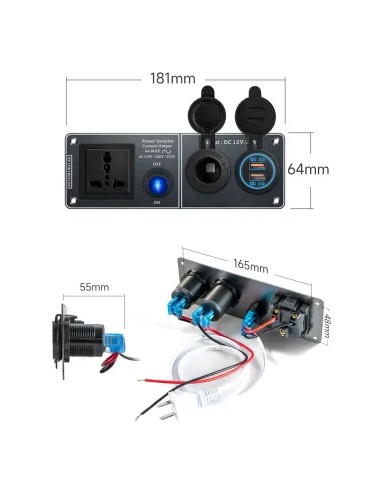 PANEL MULTIFUNCIÓN A 220V CON MECHERO Y DOBLE USB 3.0