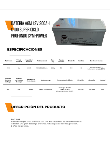 BATERIA SOLAR AGM 260A  CYM-POWER