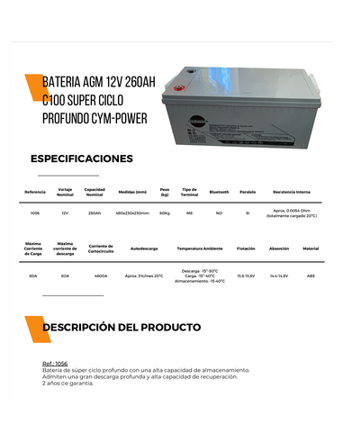BATERIA SOLAR AGM 260A  CYM-POWER