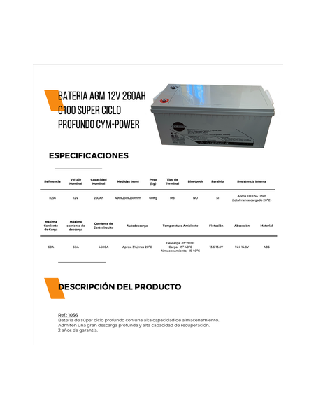 BATERIA SOLAR AGM 260A  CYM-POWER