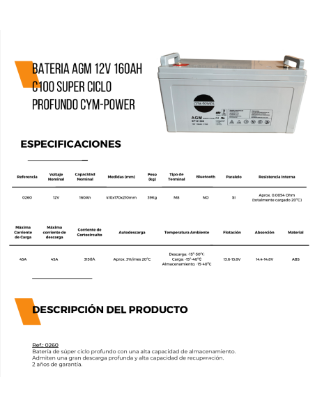 BATERIA SOLAR AGM 160A CYM-POWER