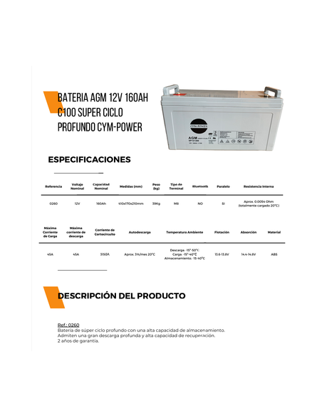BATERIA SOLAR AGM 160A CYM-POWER