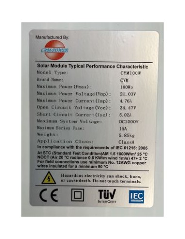 MÓDULO FOTOVOLTAICO MONO 100Wp CLASE A CYM POWER