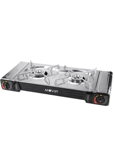 COCINA DE GAS PORTATIL DOBLE BOMBONA ACERO + PLANCHA + MALETIN MUVIP