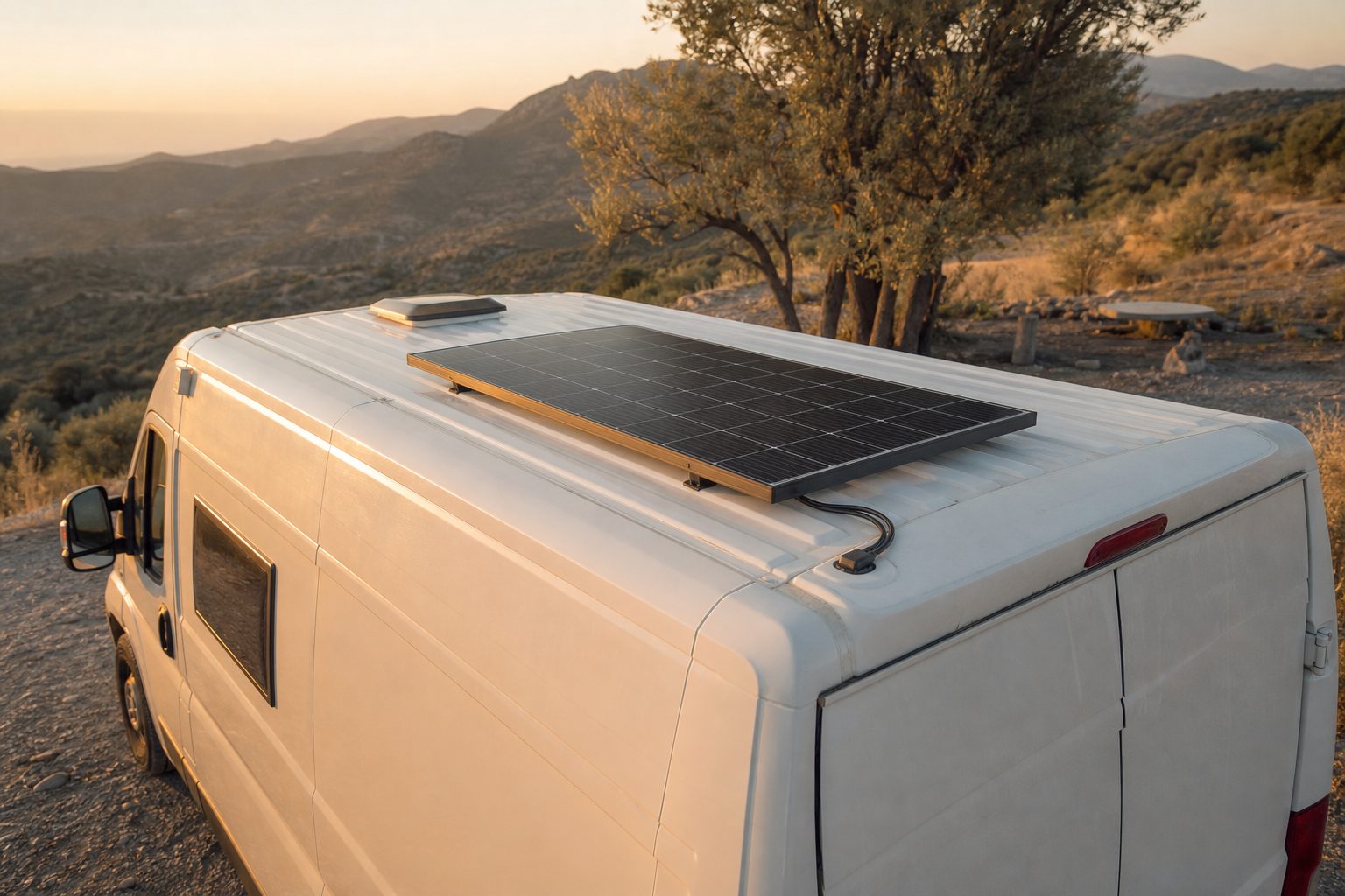Furgoneta camper con panel solar en el techo, lista para una instalación 12V autónoma