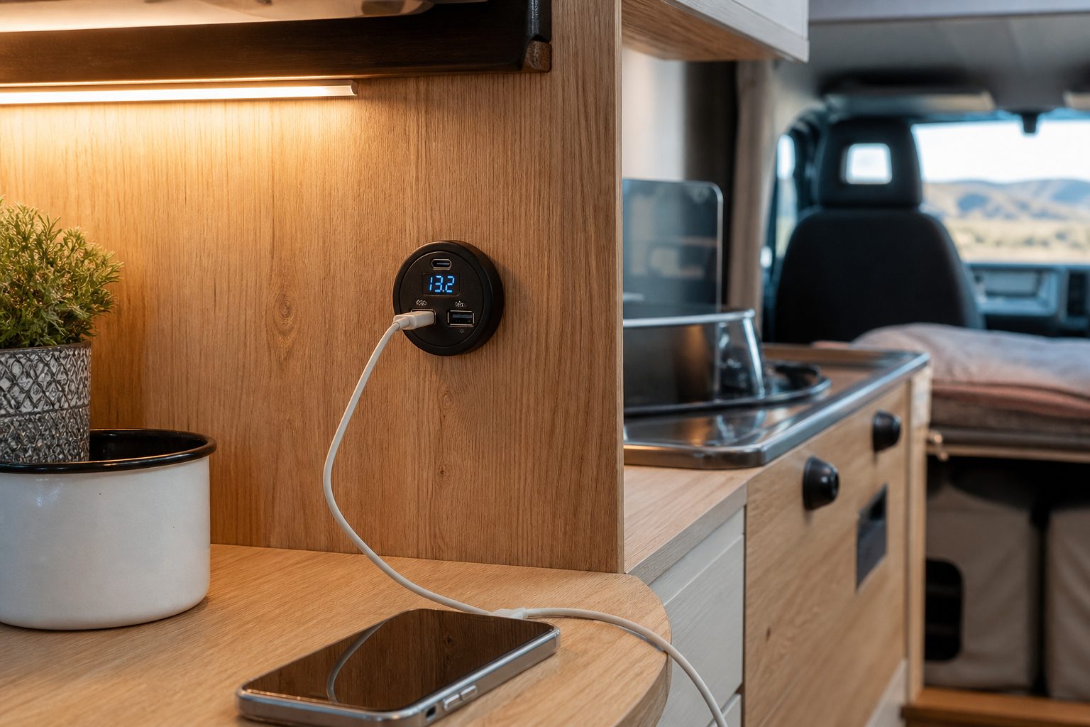 Toma USB y USB-C empotrada en el interior de una camper, con voltímetro